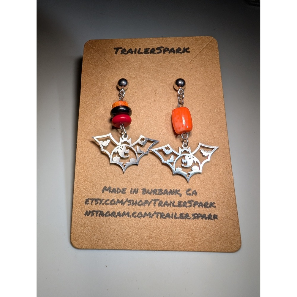 TrailerSpark Mismatched Bat Ghost Earrings Halloween Spooky Silver Orange Nickel